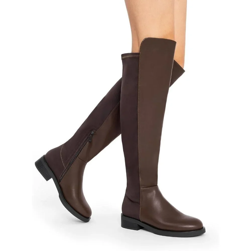 🆕Women Brown-pu Knee High Comfortable Thigh High Daily Low Flat Heel Long Boot